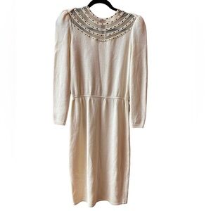 VGT ST. JOHN cream long sleeve embellished Santana knit dress